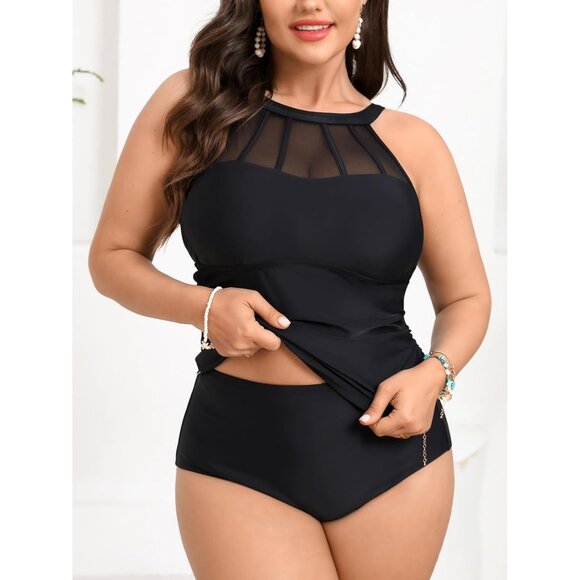 Cupshe Other - CUPSHE Plus Size Tankini Set Black High Neck Mesh Two Piece Swimsuit 3XL